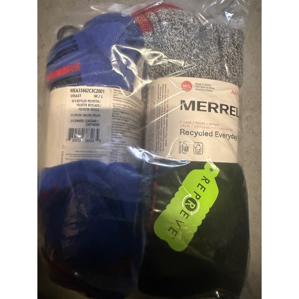 Merrell Men Recycled Everyday Crew Socks 6 Pair Blue Gray White M/L